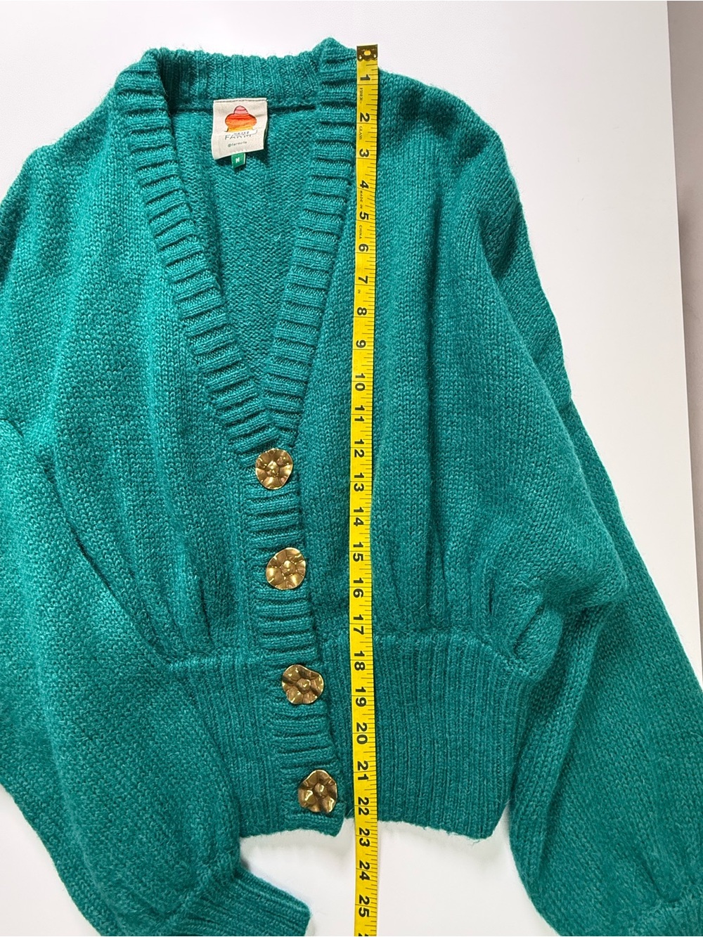 Farm Rio | Knit Cropped Cardigan Balloon Sleeve Sweater | Green | Size M - Picture 14 of 14